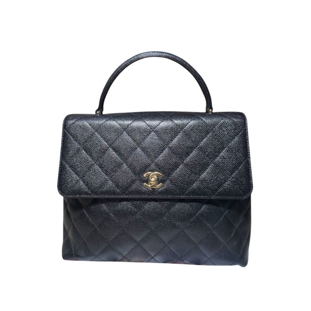 Chanel Black Caviar Quilted Leather Coco Mark CC Top Handle Flap Tote